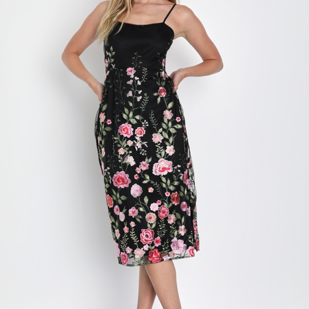 Blooming For Love Black Floral Embroidered Midi Dress